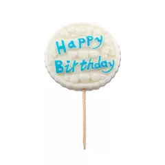 Fehér "Happy Birthday" táblácska kék írással cukormasszából - Lumea