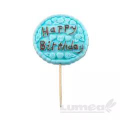 Kék "Happy Birthday" táblácska barna írással cukormasszából - Lumea