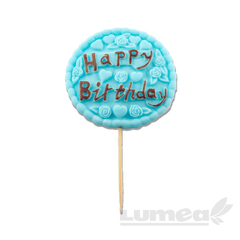 Kék "Happy Birthday" táblácska barna írással cukormasszából - Lumea