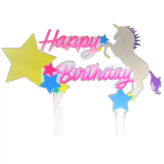 Egyszarvú Happy Birthday akril tortadísz