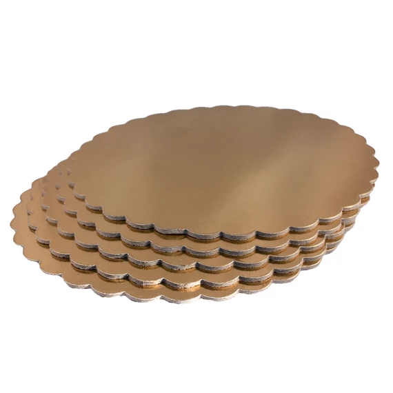 Csipkézett arany színű vastag kerek tortaalátét karton, 28cm, 5 darab - Lumea